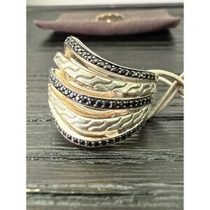 JOHN HARDY-Chain Motif Stacked 925 Silver Lava Treated Black Sapphire Ring-Sz 7